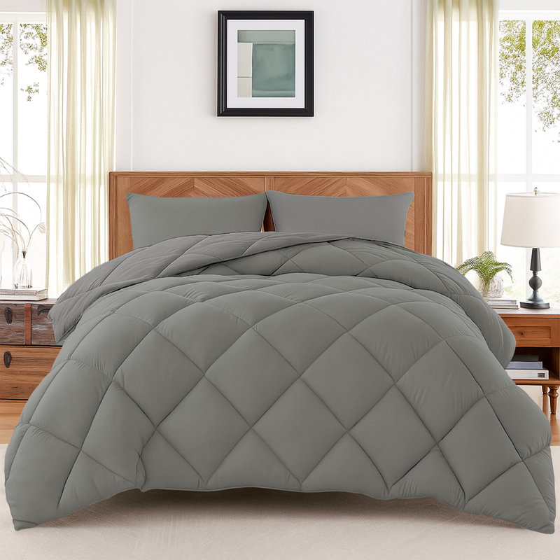 Down Alternative Microfiber Reversible Comforter Set - 3 Pcs All Season Diamond Pattern Comforter with Shams, Gray, Queen