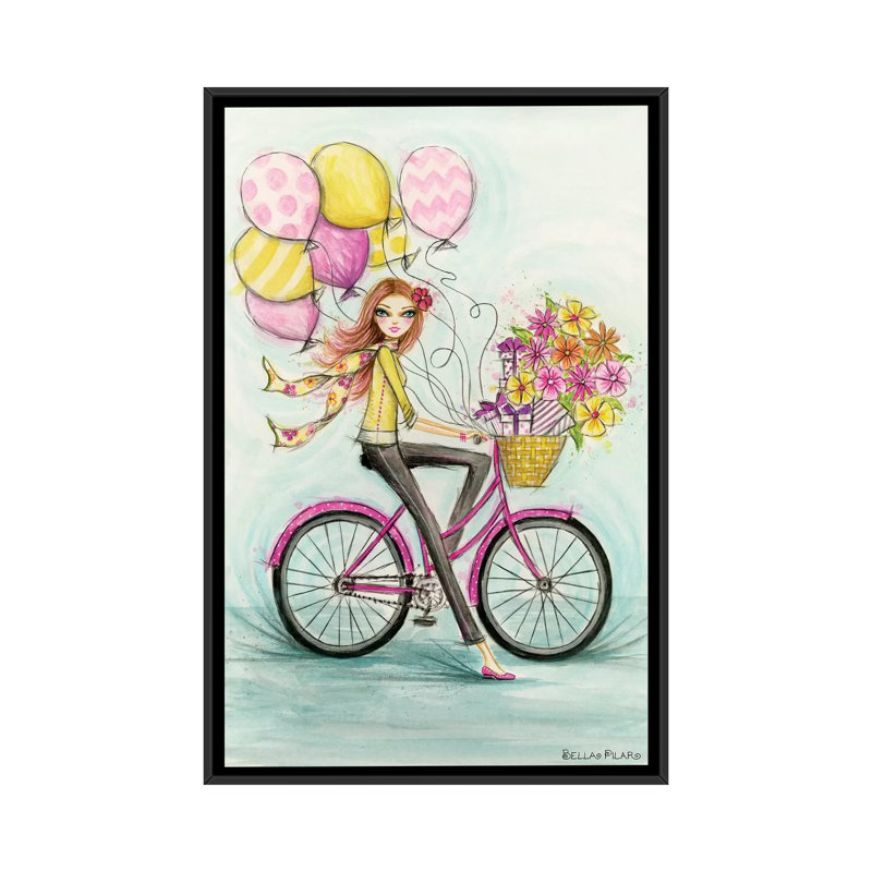 «Birthday Bicycle», peinture sur toile tendue, H 26 po x l 18 po x P 1,5 po, Toile avec cadre noir, Pas de tapis