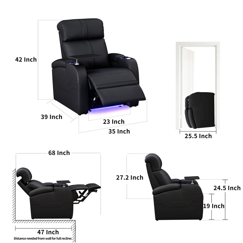 Canapé de cinéma maison inclinable électrique en cuir véritable avec lumières DEL et deux fauteuils inclinables