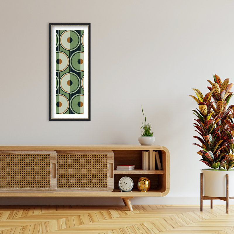 «Retro Circles Green» par Alexandra Weise, reproduction d'art encadrée sur bois, 42x18
