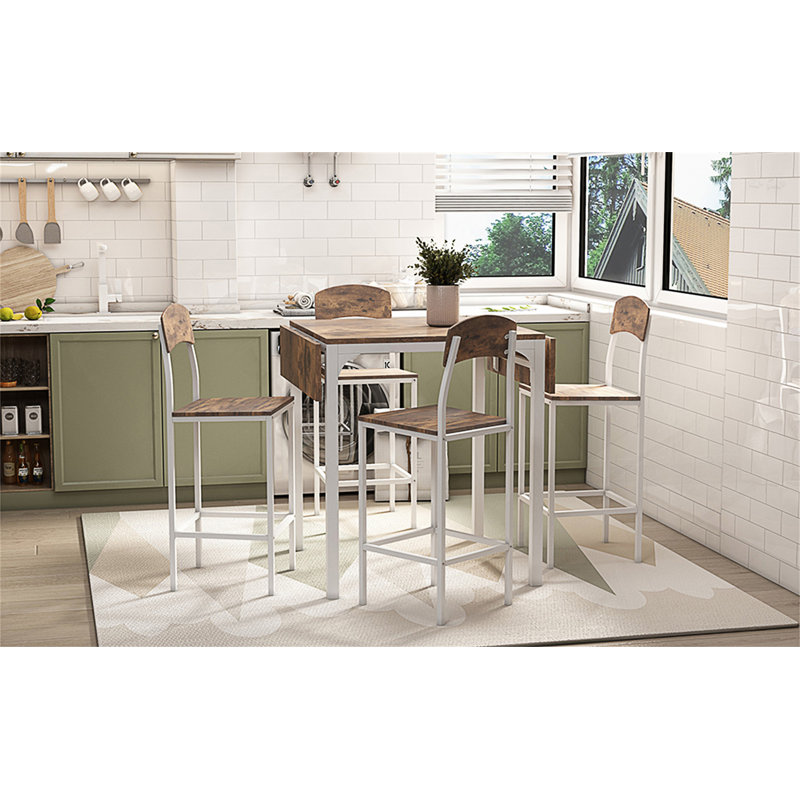Farmhouse 5-Piece Counter Height Drop Leaf Dining Table Set With Comfortable Chairs For Small Spaces, White, Rustic Brown