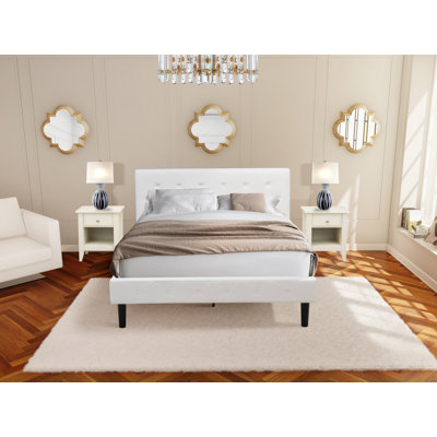 Ensemble de lit pour grand lit 3 pièces - Base de lit capitonnée à boutons - Tête de lit tapissier en tissu de velours blanc lin et table de chevet au fini crème au beurre brossé