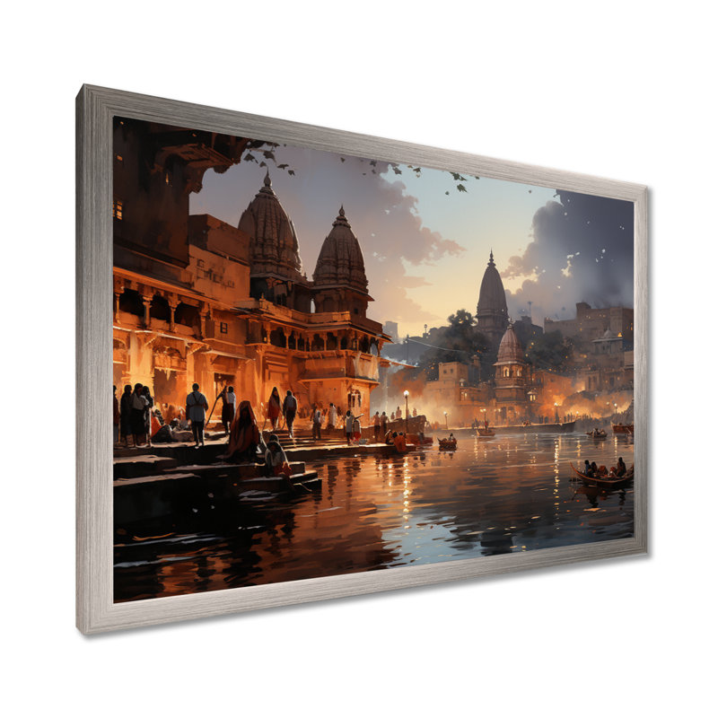 Art indien indien beige et gris, art mural indien, H 12 po x l 20 po x P 1 po, Cadre simple argenté