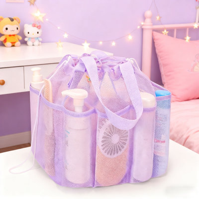 Serviteur de douche en filet avec cordon, essentiels pour chambre d'étudiant pour fille et garçon, sac de douche plus grand pour le camping, la natation, la salle de sport, les voyages, la salle de bain - mauve