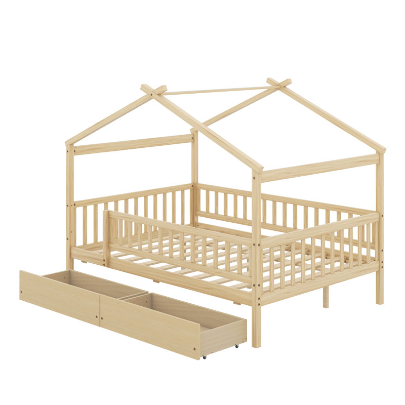 Lit double en bois avec tiroirs, Naturel