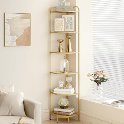 6-Tier Glass Corner Shelf Stand, Modern Metal Frame Bookcase, Gold by 17 Stories