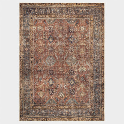 Machine Washable Non-Slip - Terracotta / Mustard Traditional Rug