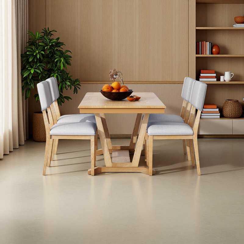 Rustic 5-Piece Dining Table Set With 4 Upholstered Chairs, 59-Inch Rectangular Dining Table With Trestle Table Base, Naural