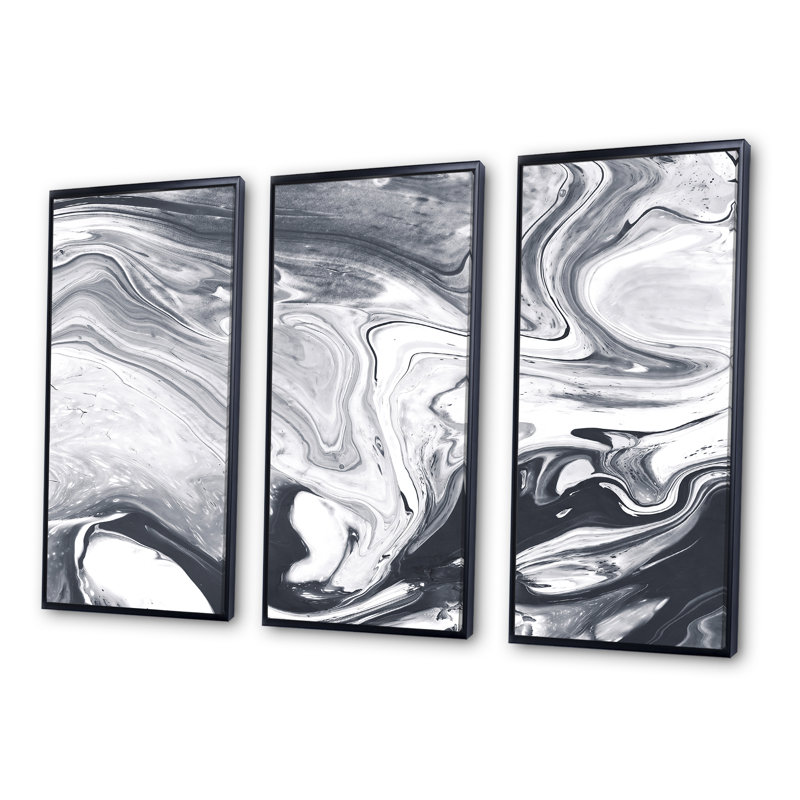 Art liquide noir et blanc - ensemble d'art moderne sur toile encadrée moderne de 3, H 28 po x l 36 po x P 1 po, Cadre noir