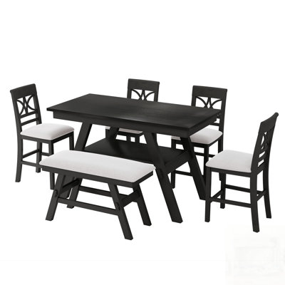 Rustic 6-Piece Counter Height Dining Set with Storage, Espresso Table, Beige Cushions, and Versatile Seating for Modern Kitchens