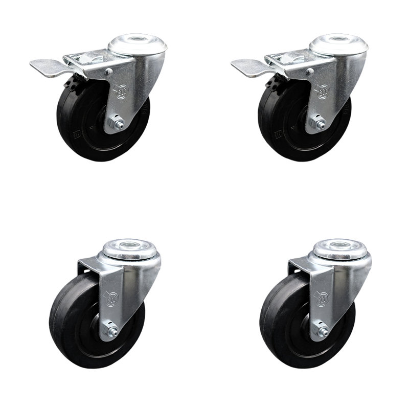 4 Inch Soft Rubber Swivel Bolt Hole Caster Set with 2 Total Lock Brake SCC