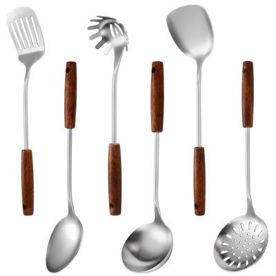 6-Piece Stainless Steel Kitchen Utensil Set With Wooden Handles - Professional Grade 304 Stainless Steel Cooking Tools - Heat Resistant, Dishwasher Safe, Ergonomic Design