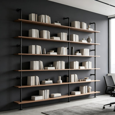 Industrial Pipe Bookshelf Floating Shelves For Wall, 48 Inch Rustic Solid Wood Planks With Black Metal Pipe, 6 Tier Hanging Shelving Unit For Living R