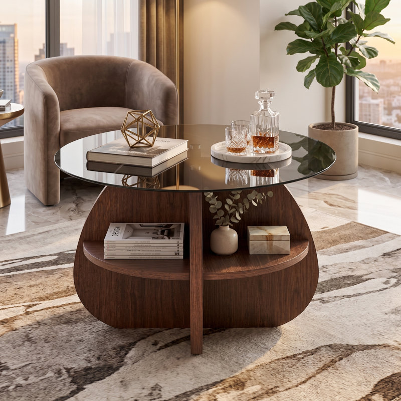 Table basse ronde en verre trempé avec rangement Mid-Century