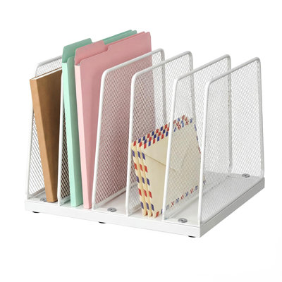 White Desk File Organizer, 5-Section Upright File Sorter, Vertical File Folder Holder, Mesh Metal Wood Office Desk Organizer