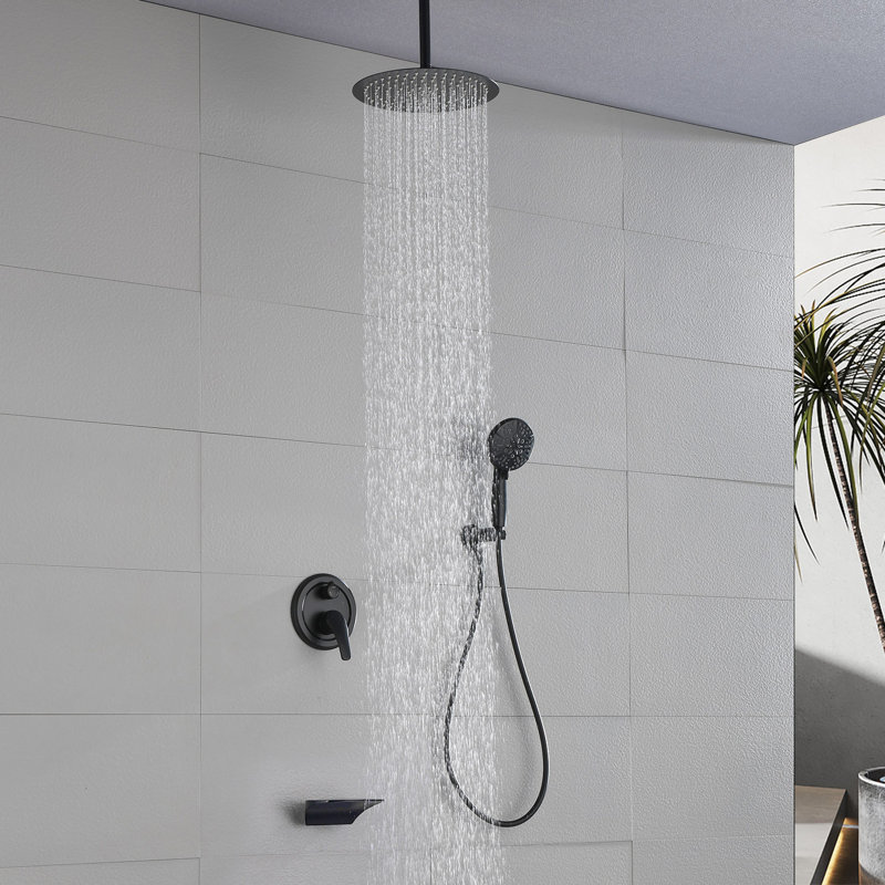 Shower Faucet Set With Tub Spout, Ceiling Mount Shower System With 12 Inch Rain Showerhead And Tub Spout Included Valve And Trim