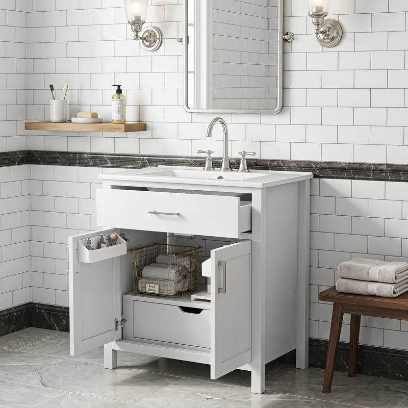 Meuble-lavabo de 30 pouces avec lavabo en céramique et beaucoup de rangement - le choix parfait pour les petites salles de bain
