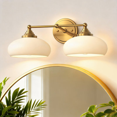 18 po Éclairage pour meuble-lavabo traditionnel doré 2 lumières avec abat-jour en verre de lait