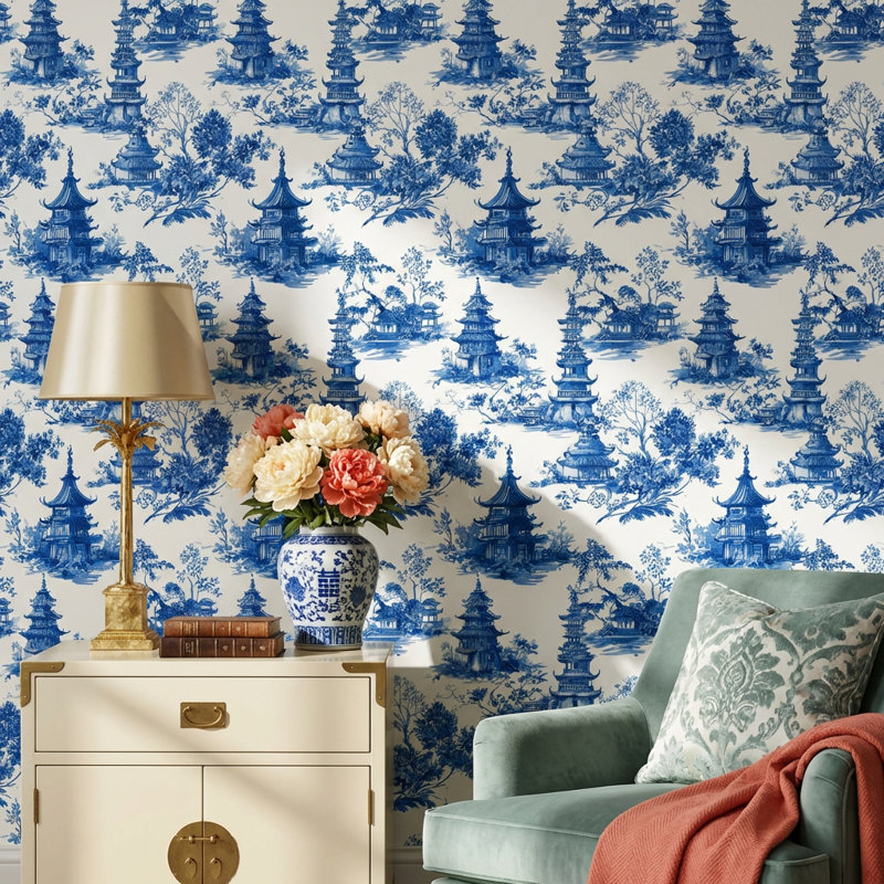 White Background Wallpaper Pagoda Classic Wall Decor, Non-Woven Non-Pasted