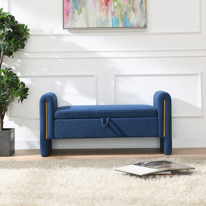 Banc de bout moderne avec accoudoirs et rangement, grand tabouret de repose-pieds rembourré, banc de meuble-lavabo de fenêtre confortable pour salon, chambre à coucher, dortoir, table basse, bleu marine Teddy