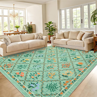Floral Machine Washable Rug Stain-Resistant Farmhouse Accent Carpet with Non-Slip Backing Soft Low Pile Indoor Mat for Living Room Bedroom Dining Room
