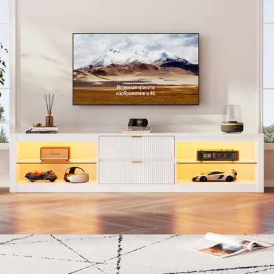203cm TV Stand for TVs up to 85", High Gloss Fluted Entertainment Center with LED Lights and 2 Drawers