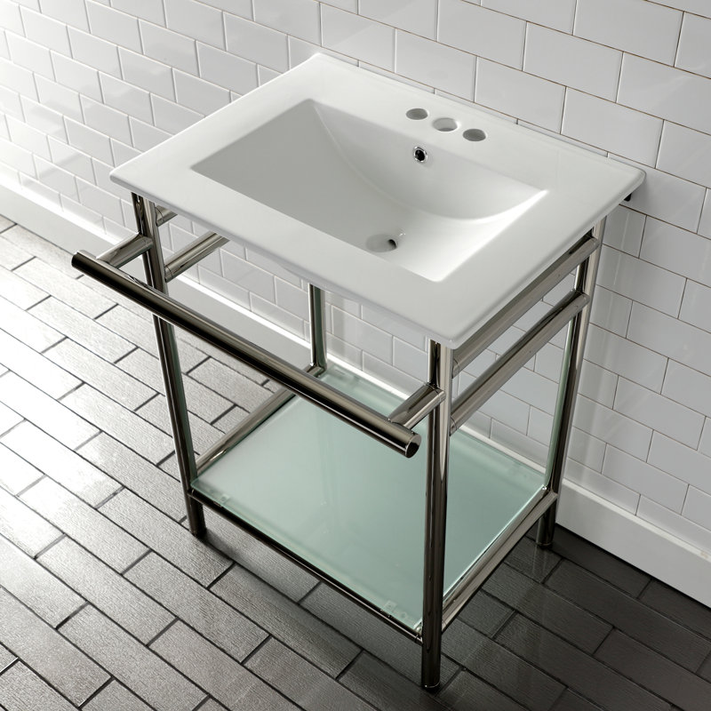 Kingston Brass Sheridan 24-Inch Ceramic Console Sink with Stainless Steel Legs and Glass Shelf (3-Hole), 4" Centers