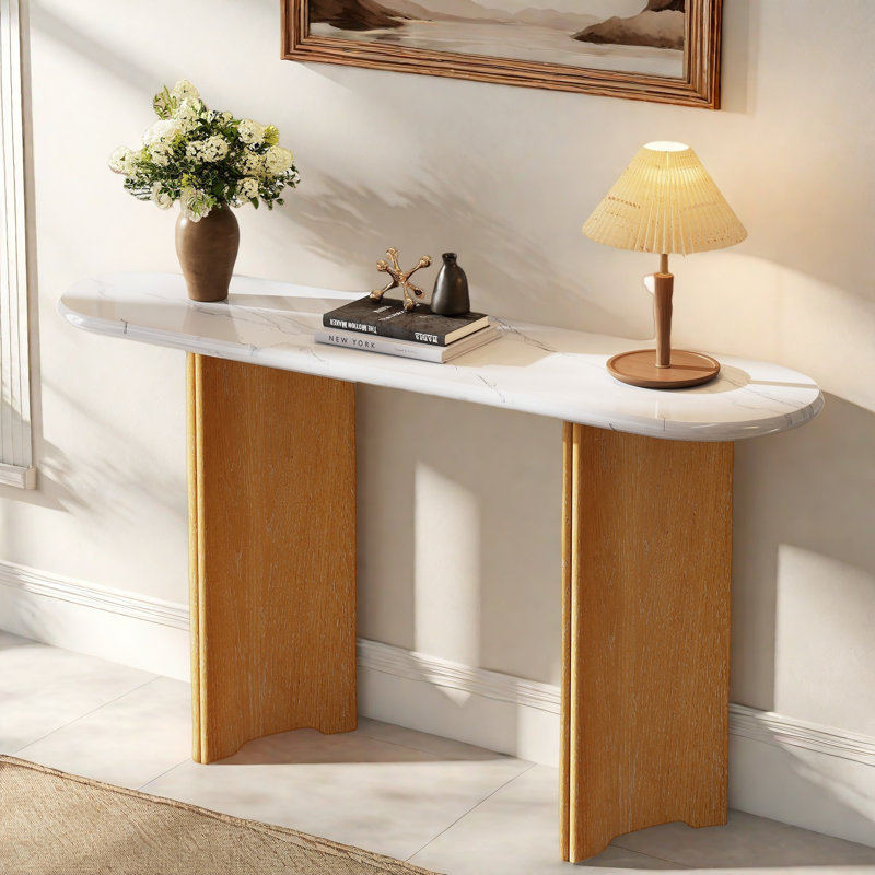 Narrow Console Table With Oval Marble Top, Curved Legs And Triangular-designed Base, Natural