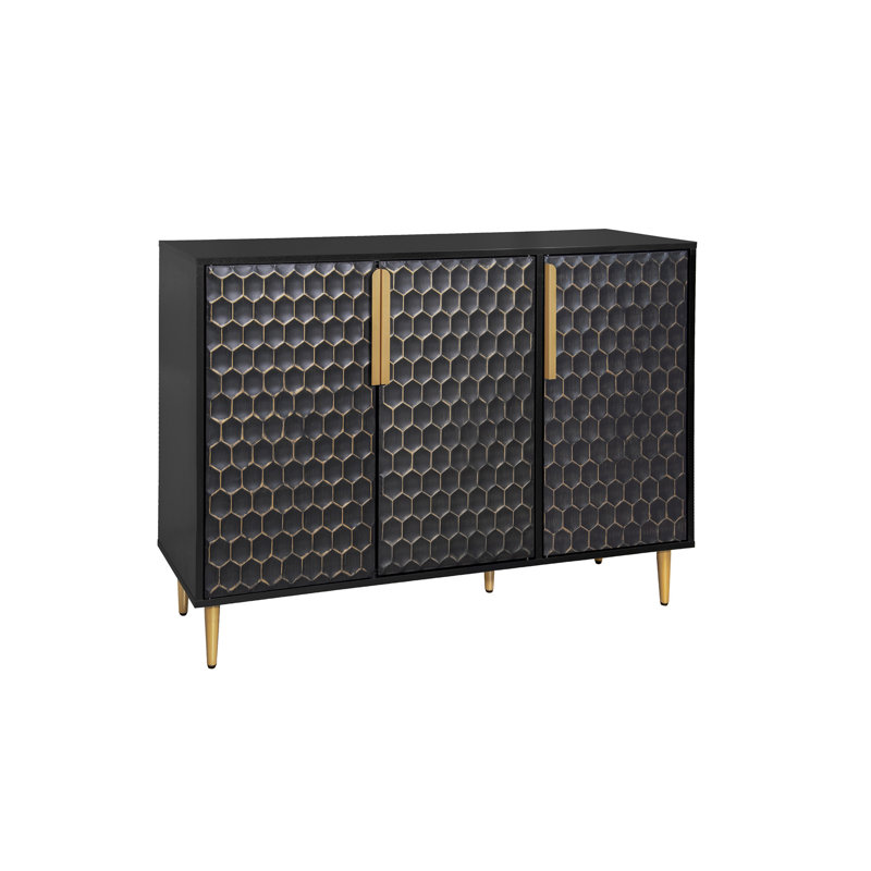 Armoire de rangement à 3 portes, buffet Buffeet avec tablettes réglables, porte en métal à motif hexagonal transparent pour le salon, la salle à manger, la cuisine, l'entrée