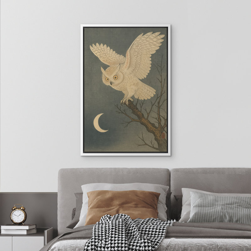 Chouette blanche sur une branche d'arbre avec croissant de lune, reproduction d'art sur toile encadrée, Blanc