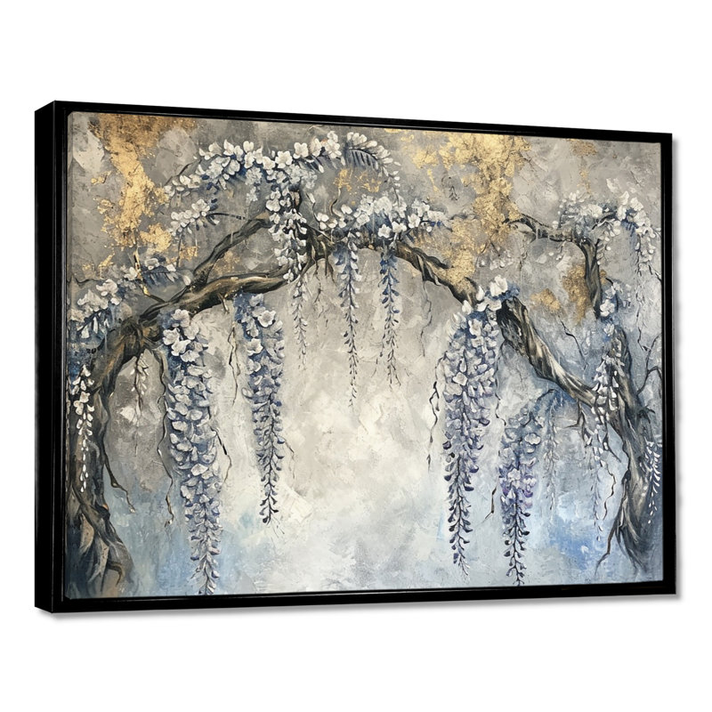 Arbre à glycine argenté argenté rétro - impression d'art mural floral, Toile avec cadre flottant noir