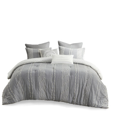 3 Piece Gray Cotton Comforter Full/queen. 100% Cotton. Stripes On Grey Ground. Reverse With Design. Hidden Bar Tacking. 2 Matching Shams. Machine Washable. Full/queen Bedding . Colored Embroidered
