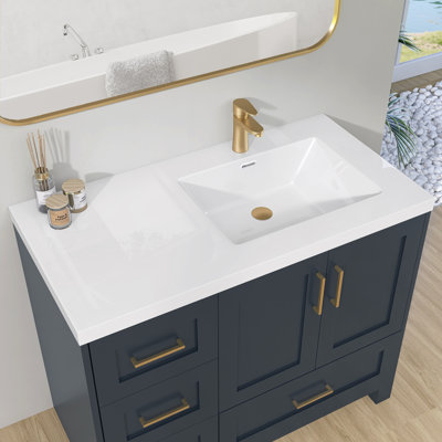 42 Inch Solid Surface Bathroom Vanity Top with Right side Integrated Sink, Bright White Seamless Countertop, Waterproof & Easy Install