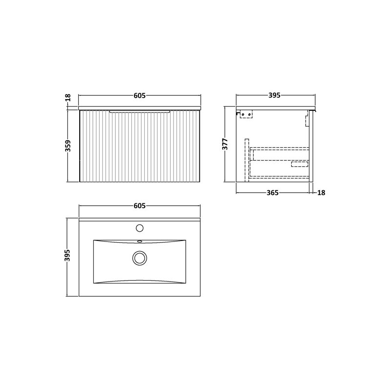 Fluted 605mm Single Bathroom Vanity with Drop In Vitreous China Basin, Satin Anthracite
