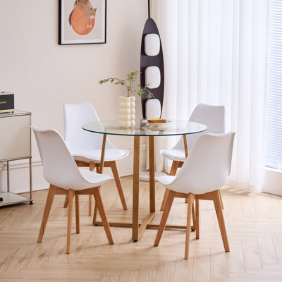 Table de salle à manger ronde en verre pour 2, plateau de table moderne en verre trempé avec 4 chaises rembourrées, table moderne et ensemble de 2 chaises pour la cuisine