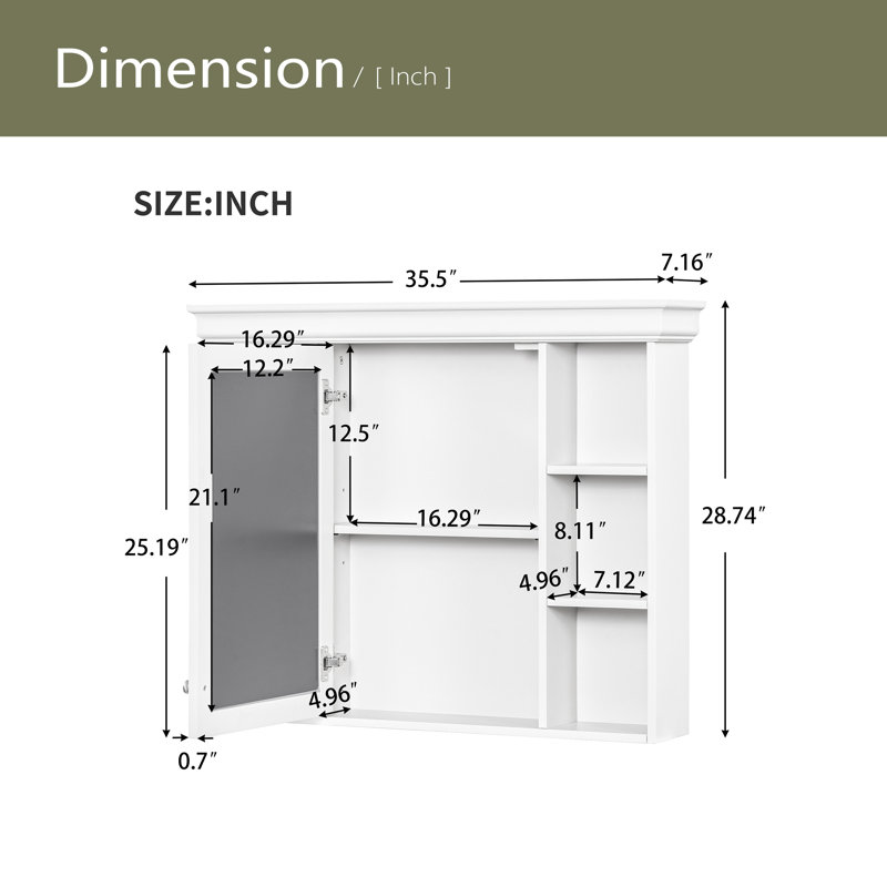 Armoire de rangement murale 35 po x 28 po avec porte miroir, armoire de salle de bain moderne avec miroir, armoire à pharmacie avec 6 tablettes ouvertes