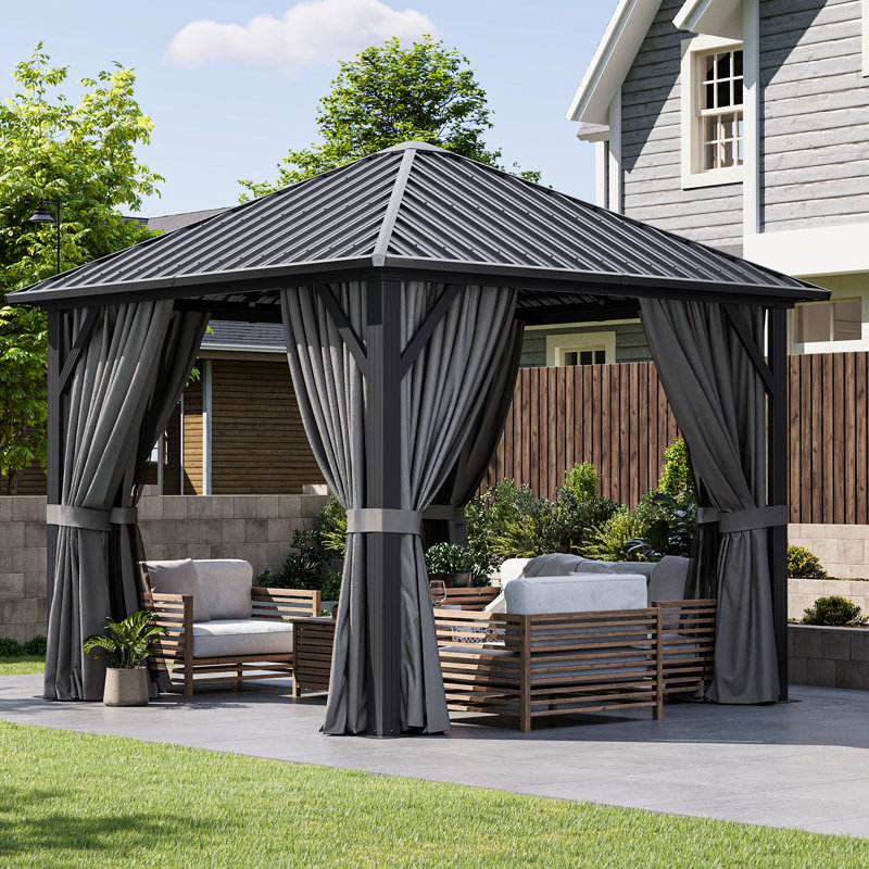 10 pi. L 10 pi. D Pavillon de jardin en aluminium avec filet et rideaux