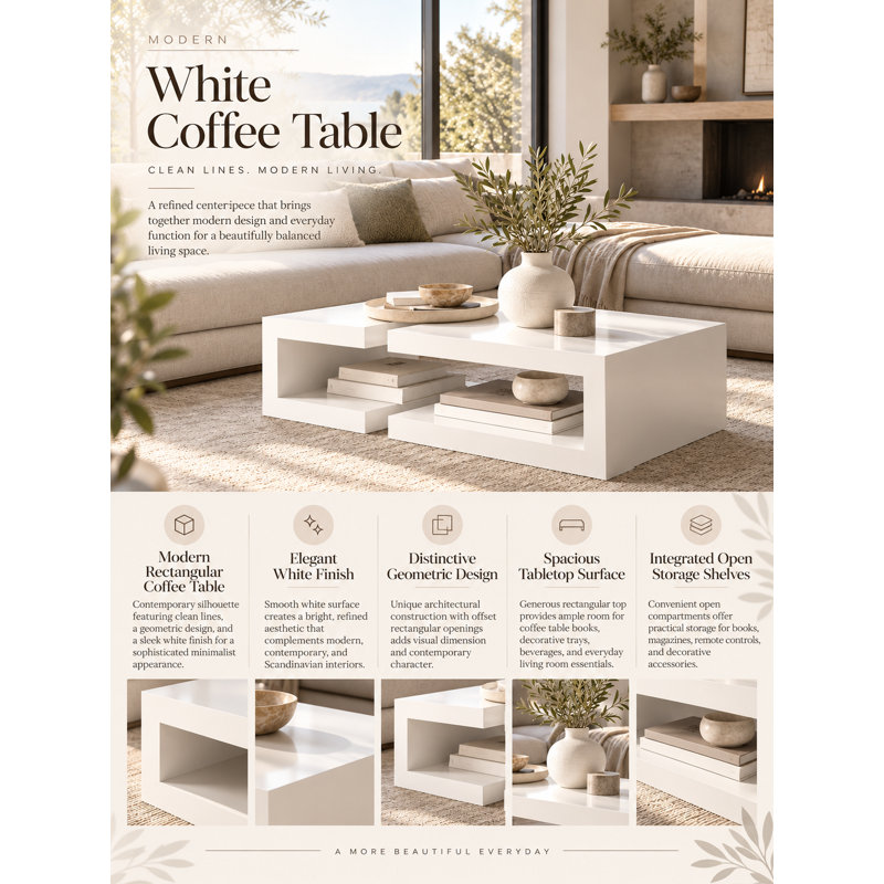 Modern White High-Gloss Rectangular Coffee Table with Open Storage Shelves, White