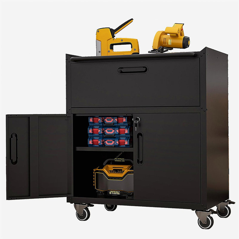 Armoire à outils en métal robuste et durable pour le garage avec roues - Armoire de rangement mobile robuste avec 1 tiroir et 2 portes verrouillables, armoire de rangement à outils roulante, noire et grise