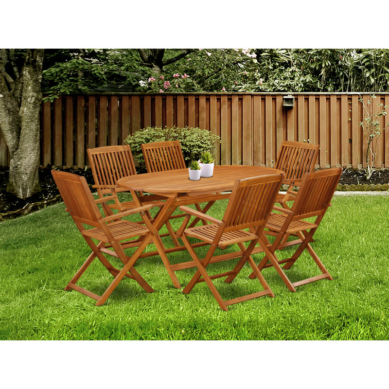 Ensemble de table de jardin 7 pièces comprenant une table de salle à manger d'extérieur ovale en bois d'acacia et 6 chaises pliantes, 36 po x 60 po, huile naturelle