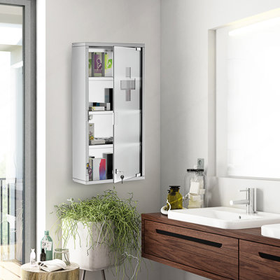 Armoire à pharmacie murale 12 po x 24 po, armoire murale verrouillable avec 4 tablettes à niveaux, cadre en acier inoxydable et porte en verre, verrouillable avec 2 clés