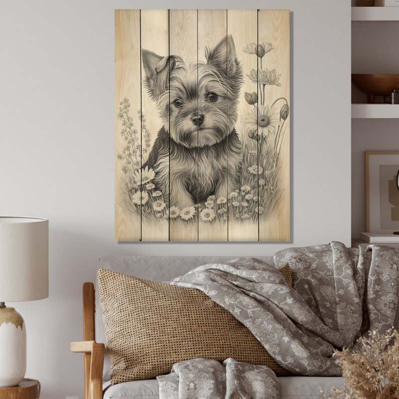 Mignon chien Yorkshire avec fleurs I - impression sur bois, L 24 po x H 32 po x P 1 po