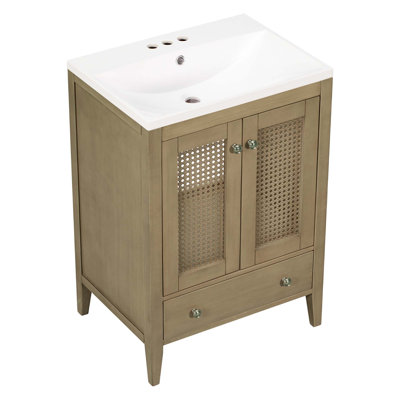 24" Bathroom Vanity With Ceramic Basin, Rattan Bathroom Storage Cabinet With 2 Doors And Drawer