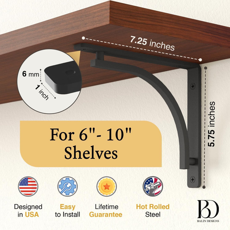 Ensemble de supports de tablette Classic par Balin Designs (noir) pour tablettes de cheminée de 6 po, 8 po et 10 po - Supports en métal robustes décoratifs - Installation facile avec la quincaillerie incluse - Ensemble de 4