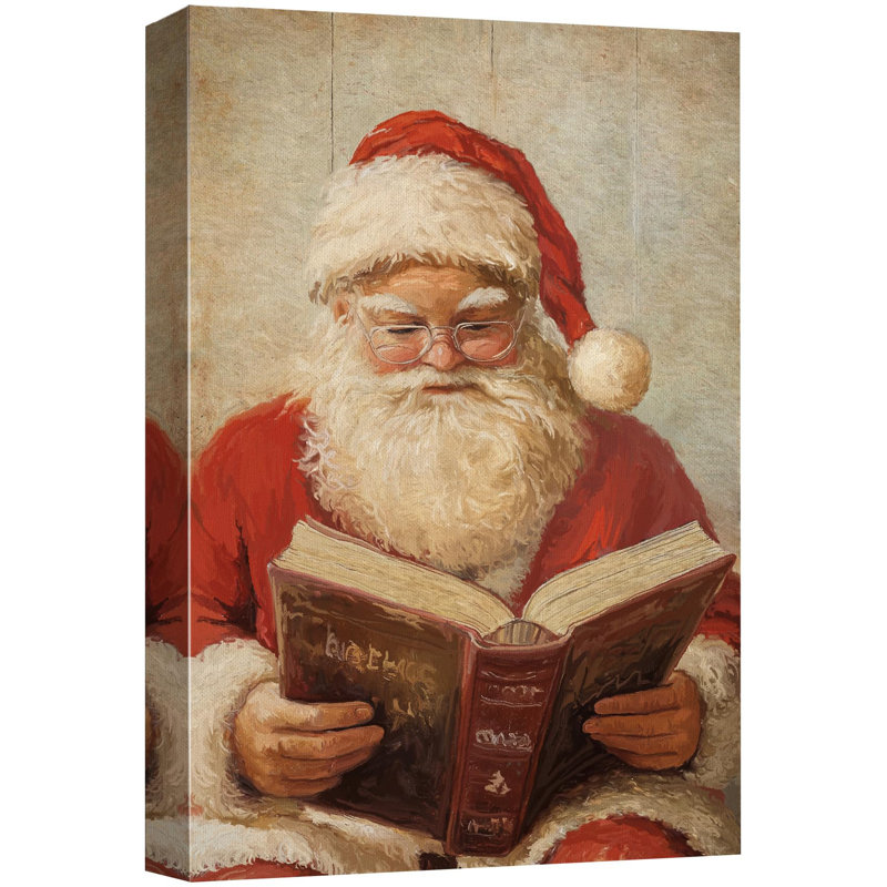 Rouge, père Noël, lecture d'un livre, père Noël traditionnel, décor, illustration, art moderne, chaleureux, H 36 po x l 24 po