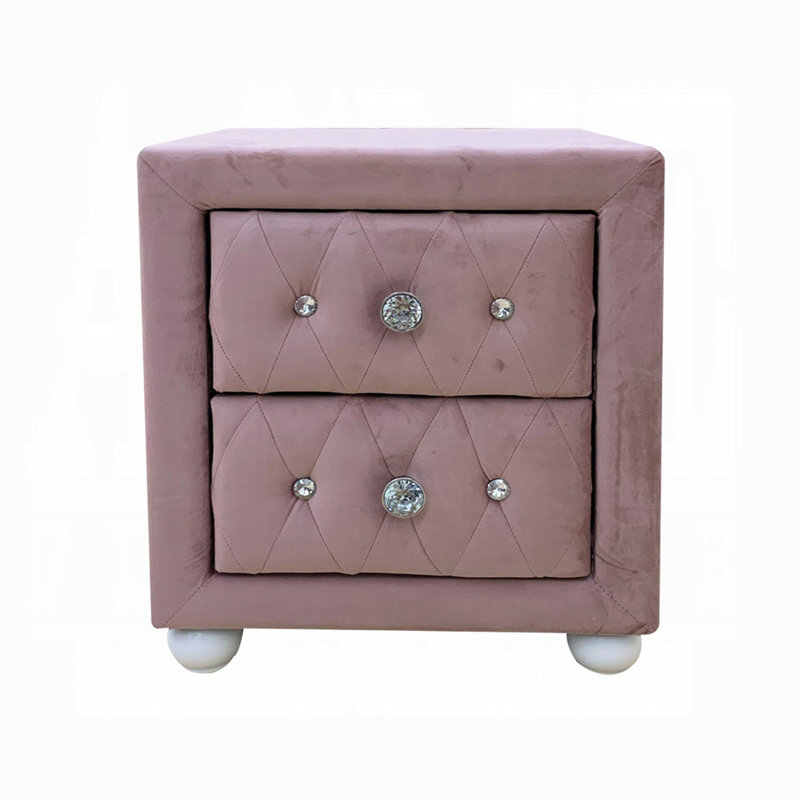 Table de chevet rembourrée en tissu rose avec deux tiroirs de rangement, mobilier de chambre en bois