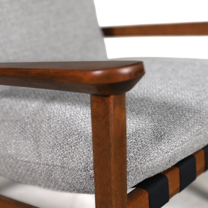 Mid Century Solid Wood Lounge Chair, Stone Gray Linen Blend, Beechwood