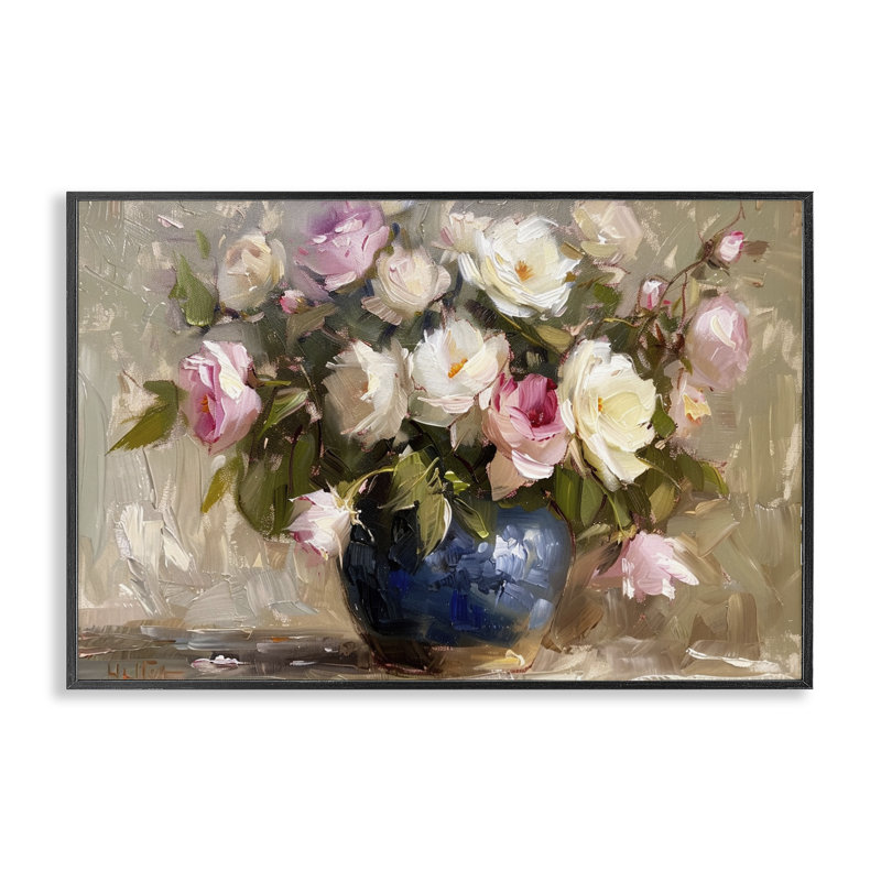  Vase painterly de roses, estampe numérique par LSR Design Studio, H 12 po x l 18 po, Giclée encadrée noir minuit