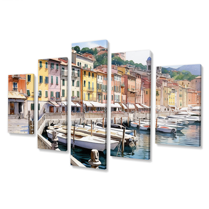 «Italie's Coastal Charm» - Art mural sur toile côtière - 5 panneaux