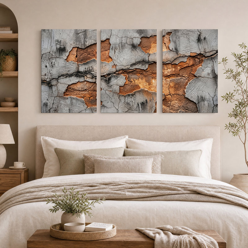 Ensemble de 3 toiles murales représentant de la peinture grise écaillée sur du plâtre en terre cuite, 30"H x 20"W x 3pcs